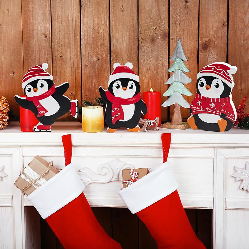 Red Penguin Christmas Decorations Set of 3 — Wooden Tiered Tray Blocks for Desk, Shelf, Home or Office