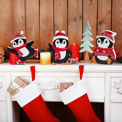 Red Penguin Christmas Decorations Set of 3 — Wooden Tiered Tray Blocks for Desk, Shelf, Home or Office