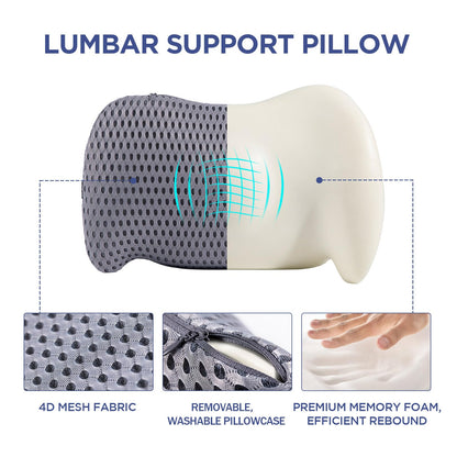 Lumbar Support Pillow for Office Chair, Car Lumbar Pillow Lower Back Pain Relief, Memory Foam Back Cushion with 4D Mesh Cover and Adjustable Straps, Ergonomic Chair Back Pillow for Car,Bed, Gaming