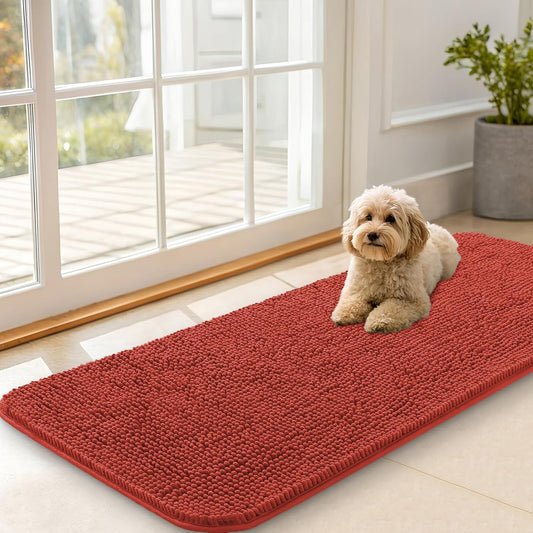 OLANLY Dog Door Mat - Absorbent Non-Slip Chenille Mat for Muddy Paws | 47x20 Inches, Quick Dry Maple Red