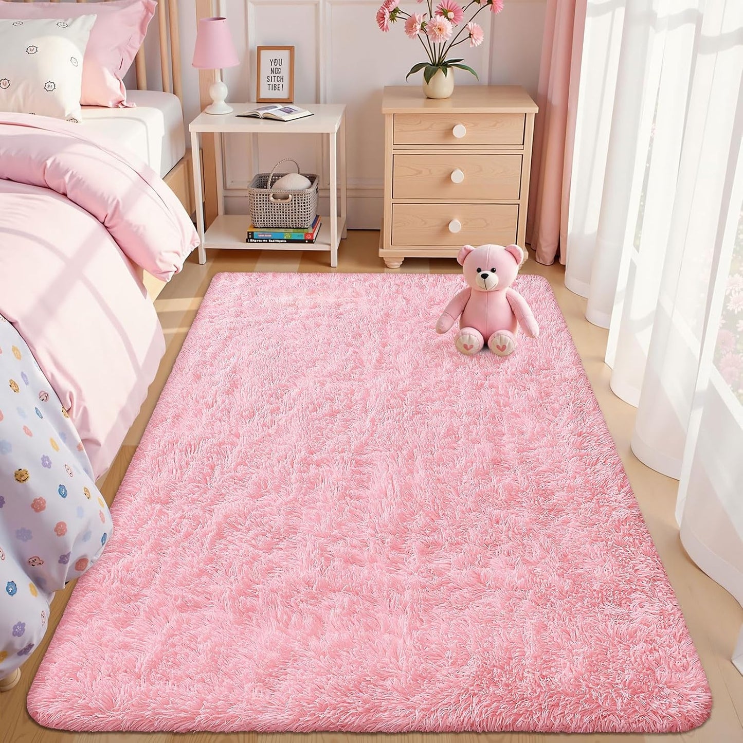 OLANLY Area Rug - Soft Fluffy Shaggy Carpet for Living Room & Bedroom | Machine Washable 4x5.9 ft, Pink