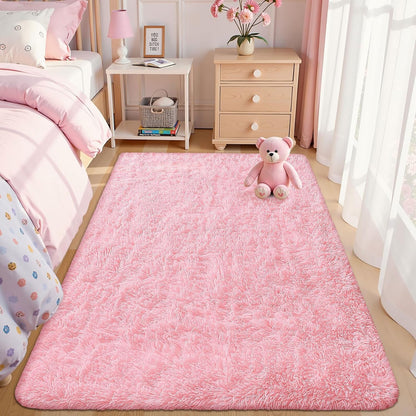 OLANLY Area Rug - Soft Fluffy Shaggy Carpet for Living Room & Bedroom | Machine Washable 4x5.9 ft, Pink