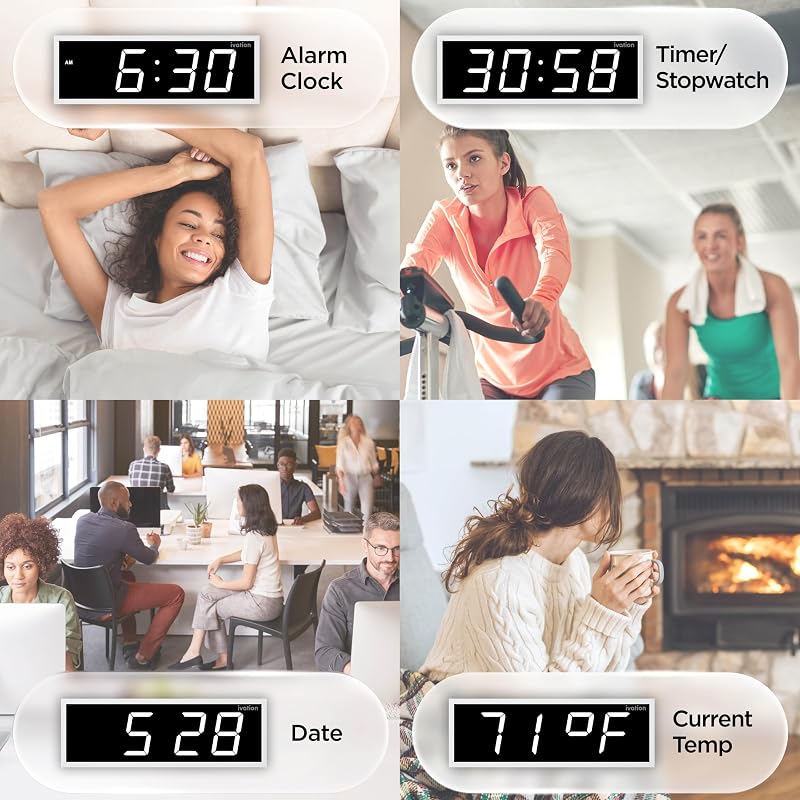 Ivation 24" Digital Wall Clock with Big LED Display, Timer & 8 Alarms - White