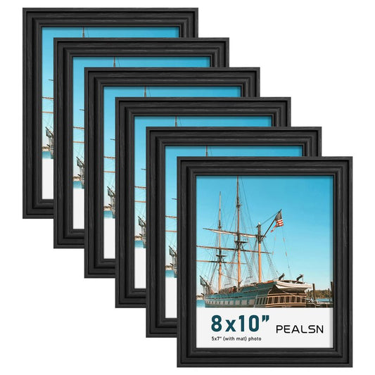 PEALSN 8x10 Picture Frame Set of 6, Display Pictures 5 x 7 with Mat or 8 x 10 without Mat, Wall Gallery Photo Frames for Wall Mounting or Tabletop Display, Black Woodgrain