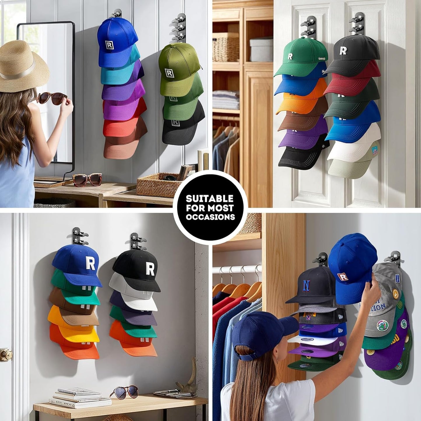 Skiennix Hat Hook Organizer - Holds Up to 20 Hats | Strong Adhesive & Screws Included - Black, 2 Pack