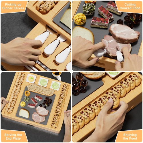 Cheese Boards Charcuterie Boards Gift Sets, Wood Bamboo Charcuterie Boards Set, Cheese Knife Set for Charcuterie Board, Slate Cheese Boards, Extra Large Charcuterie Board, Christmas Charcuterie Board