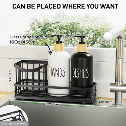 Moforoco Kitchen Dish Soap Dispenser Set - 16oz Glass Bottle with Non-Slip Silicone Pad & Brush Holder
