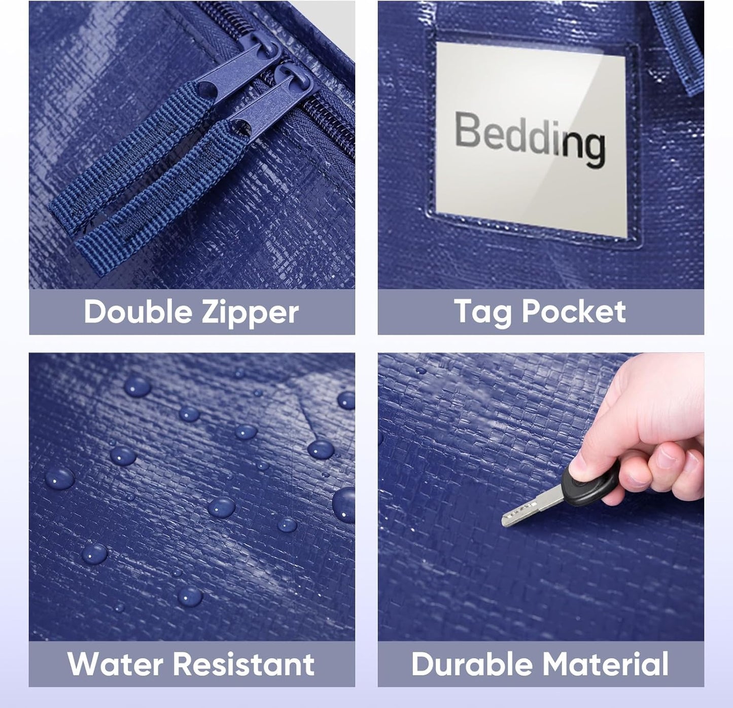 TICONN Extra Large Heavy-Duty Moving Bags - Durable Zippered Storage Bags with Handles | 6 Pack, Navy