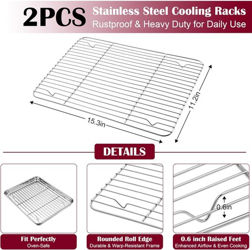 E-far Baking Sheet Set - Stainless Steel Cookie Pans with Cooling Racks | Non-Toxic & Heavy Duty, 16 x 12 Inch
