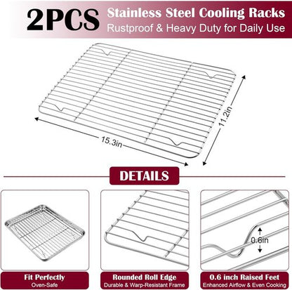 E-far Baking Sheet Set - Stainless Steel Cookie Pans with Cooling Racks | Non-Toxic & Heavy Duty, 16 x 12 Inch