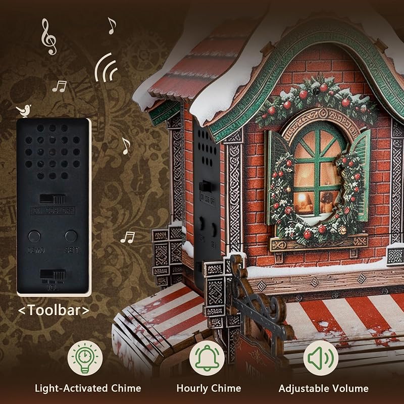 3D Puzzle Clock Kit - Christmas Cottage Cuckoo Clock Model with 3 Modes (Variation: Christmas Cottage)
