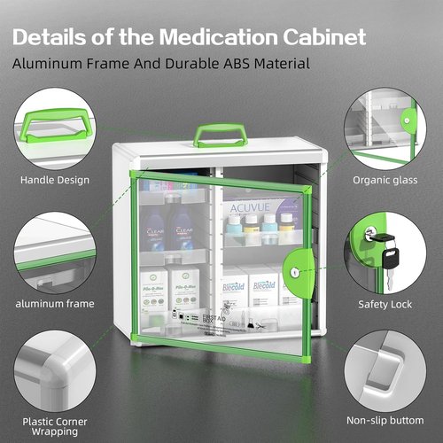 Glosen Medicine Cabinet - Locking Wall-Mounted Storage | Green 13.6 x 13.4 x 6.5 Inch, Large Capacity