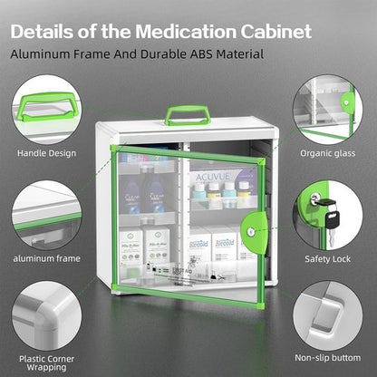 Glosen Medicine Cabinet - Locking Wall-Mounted Storage | Green 13.6 x 13.4 x 6.5 Inch, Large Capacity