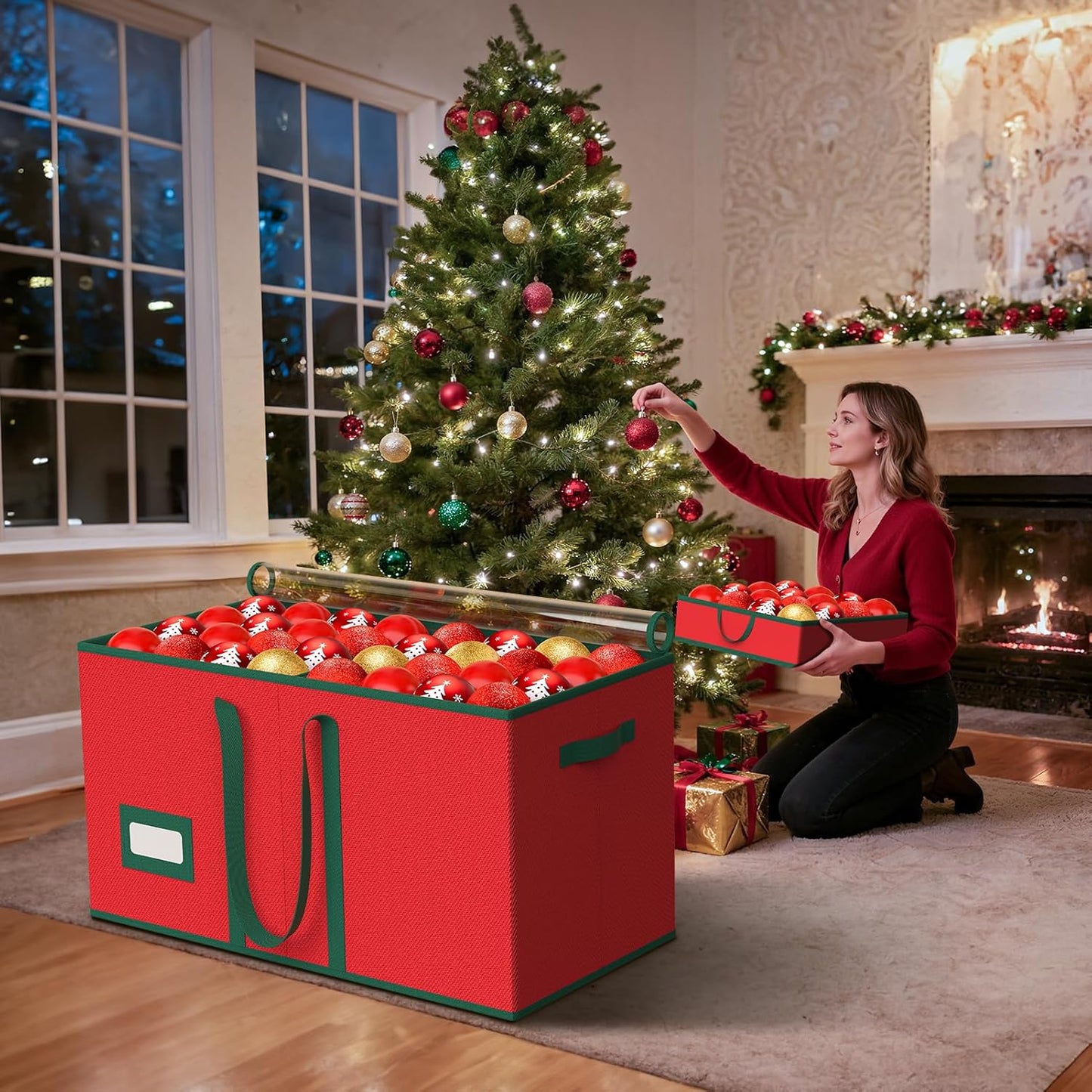 Skiennix Christmas Ornament Storage Box - Organize 128 Ornaments with Dual Zipper Closure & Adjustable Dividers | Large Holiday Decoration Container with 8 Trays