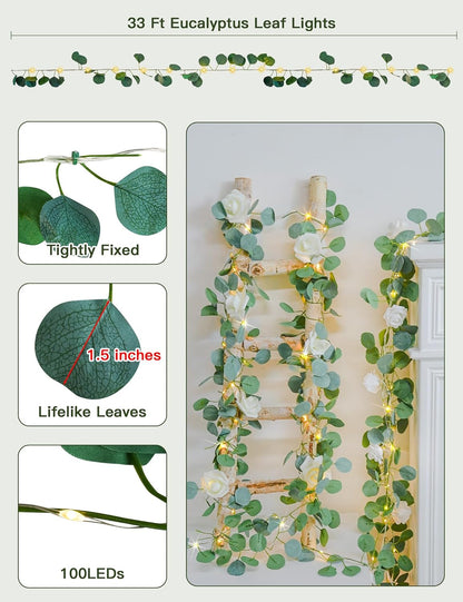 Suddus Eucalyptus Garland String Lights - 33ft 100 LED Battery Operated with Remote | Warm White Decor for Bedroom, Garden, Party, Wedding