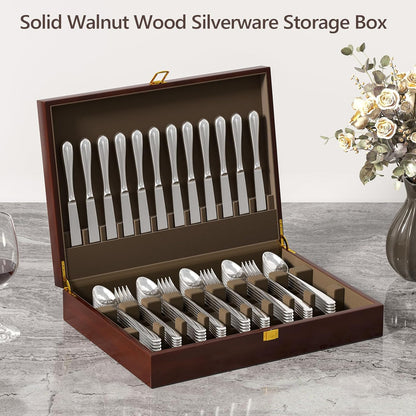 Walnut Wood Silverware Storage Box - Felt Lined Flatware Organizer for 12 Sets of Utensils