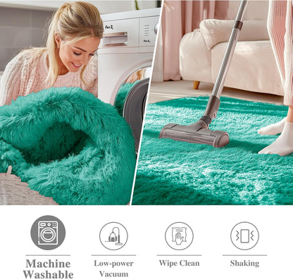 OLANLY Teal Green Round Rug - Soft, Fluffy Shaggy Carpet | 5 ft Machine Washable Area Rug for Bedrooms & Nurseries