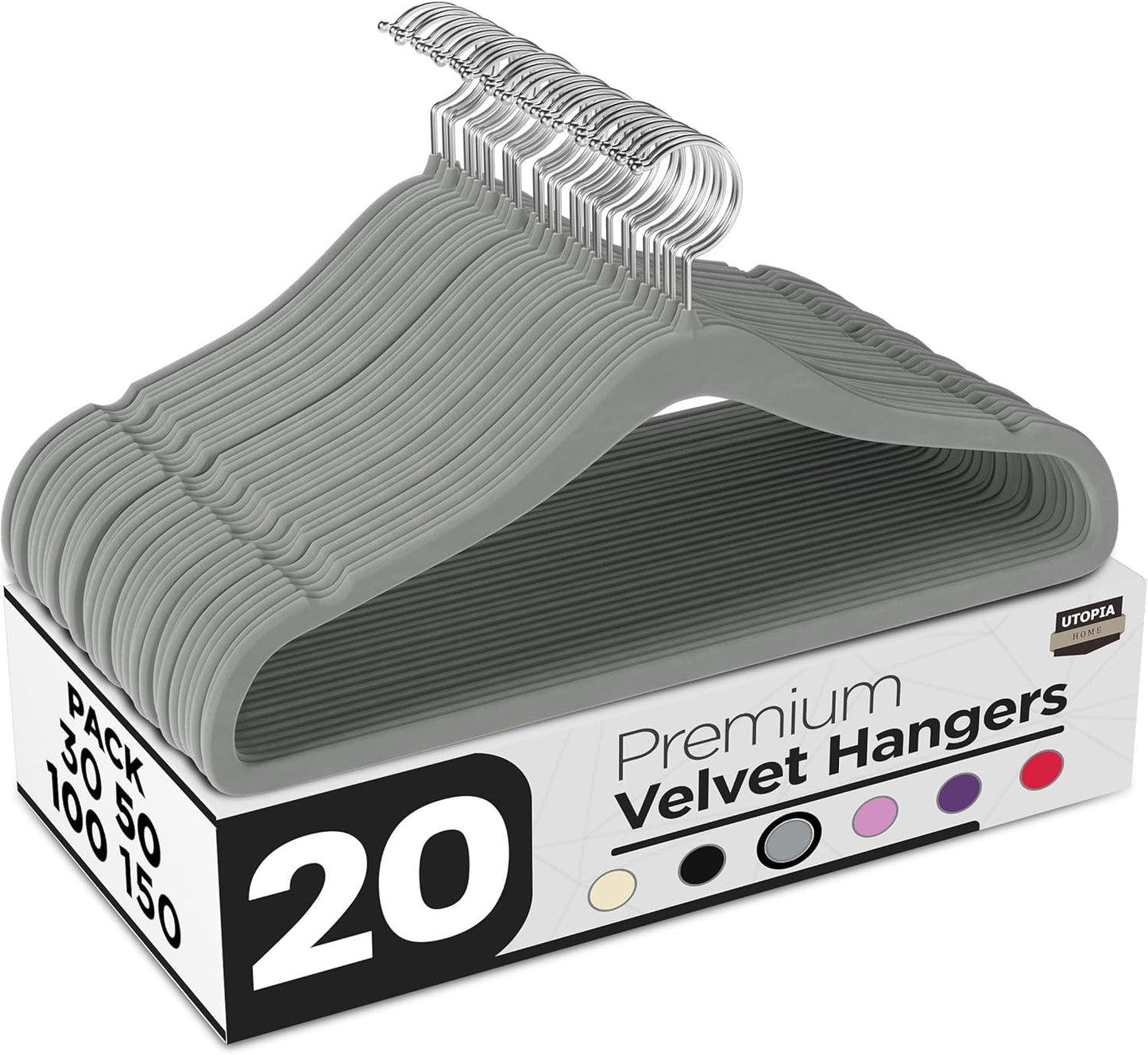 Utopia Home Velvet Hangers - Luxury Non-Slip Slim Coat & Pant Hangers, 20 Pack, Grey with 360° Swivel Hook
