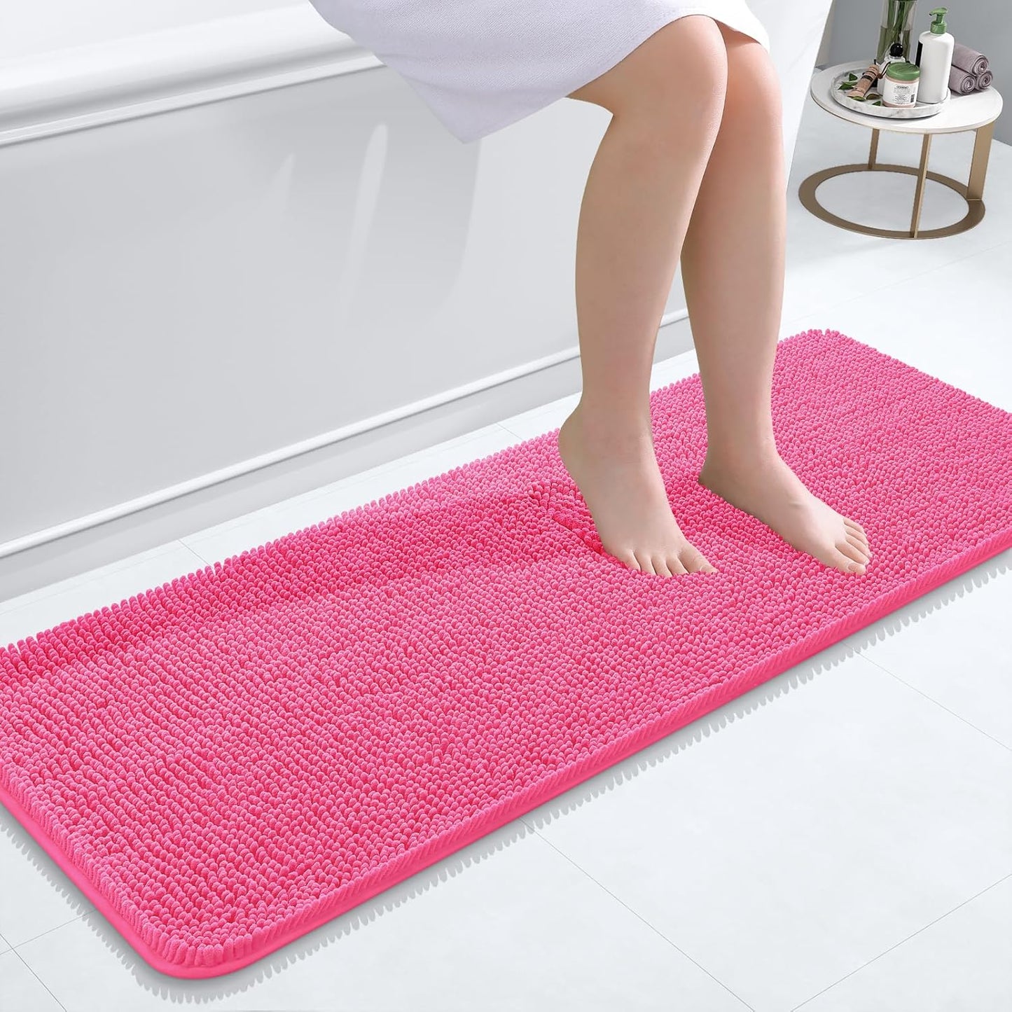 OLANLY Bathroom Runner Rugs - Soft Absorbent Chenille with Rubber Backing | 47x17 Inches, Hot Pink