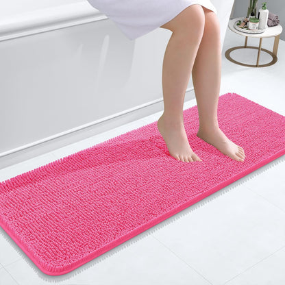 OLANLY Bathroom Runner Rugs - Soft Absorbent Chenille with Rubber Backing | 47x17 Inches, Hot Pink