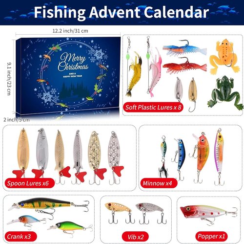 Fishing Advent Calendar - 24 Days of Christmas Countdown Fishing Lures | Perfect Holiday Gift for Anglers