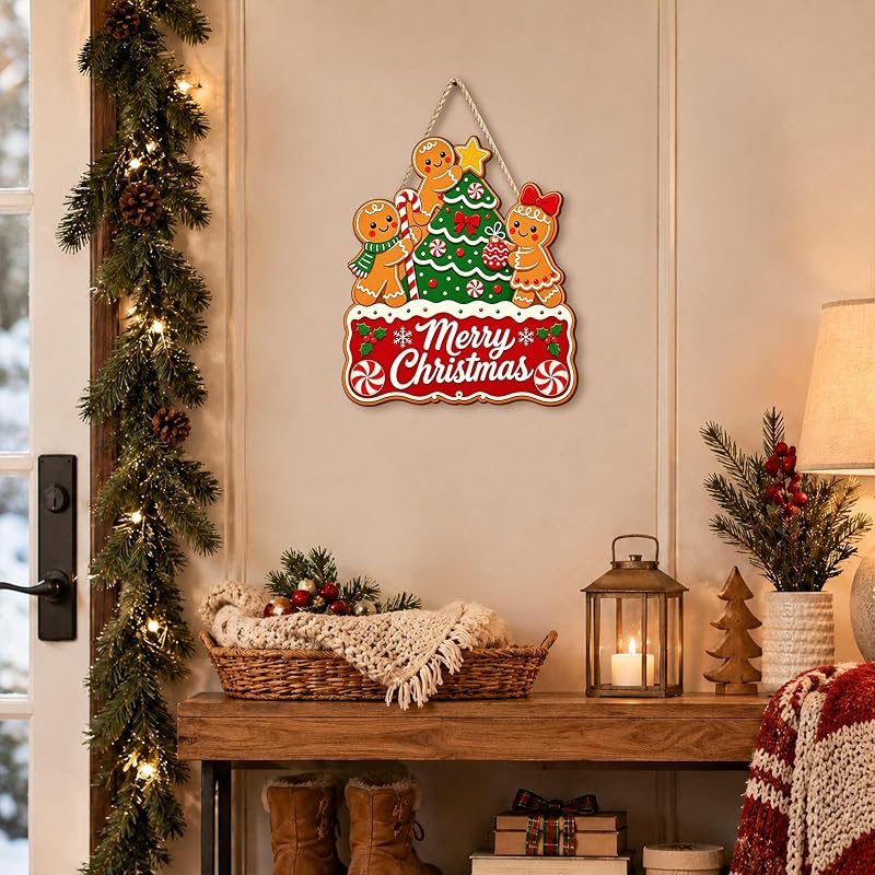 Colorful Merry Christmas Gingerbread Door Sign — 13.3 x 11.6 in Wooden Hanging Wreath