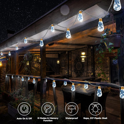Skiennix Solar Outdoor String Lights - 20Ft Vintage Rope Design | Waterproof 8-Mode White Lights with 16 Shatterproof Bulbs for Garden & Patio
