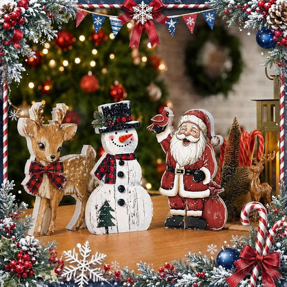 3 Pcs Christmas Wooden Decorations Set – Snowman, Santa & Reindeer Signs (Variation: 3+Snowman Santa Reindeer)