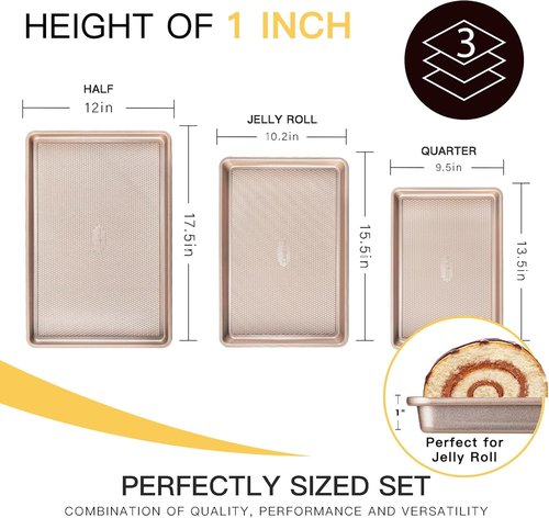 HONGBAKE Nonstick Baking Sheet Pan Set - 3 Heavy-Duty Cookie Sheets in Champagne Gold | Diamond Texture
