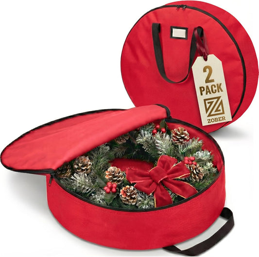 ZOBER Oxford Christmas Wreath Storage Container - 36 Inch Waterproof Bag with Dual Zippers & Durable Handles - Red