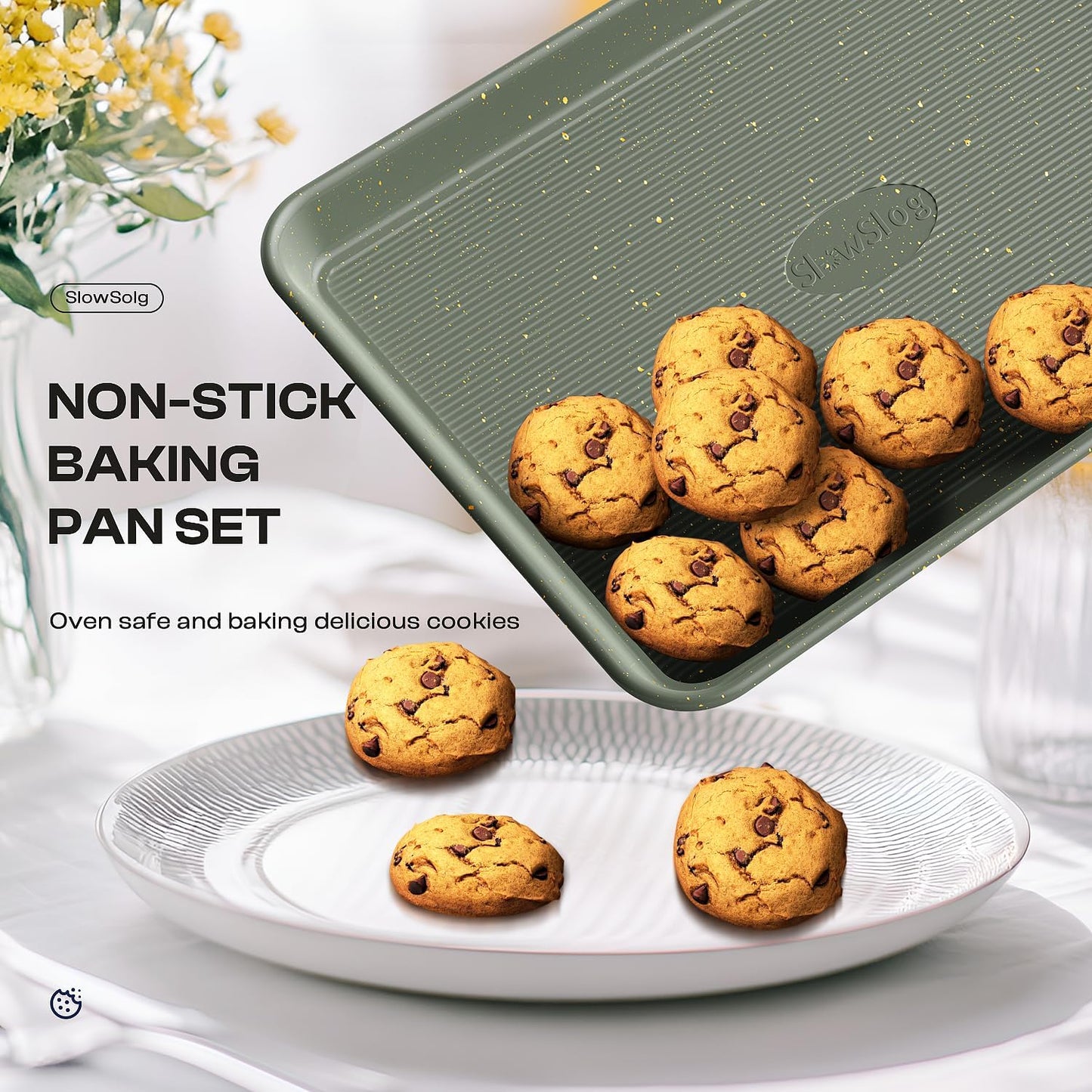 Skiennix 8-Piece Nonstick Bakeware Set - Stackable Oven Pans with Cooling Rack & Ceramic Coating | Green
