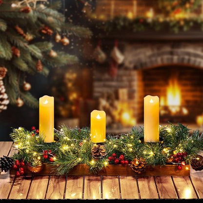 Brightown Foldable Wooden Box - 23.6" Christmas Decor with Fairy Lights, Pine Cones & Ornaments