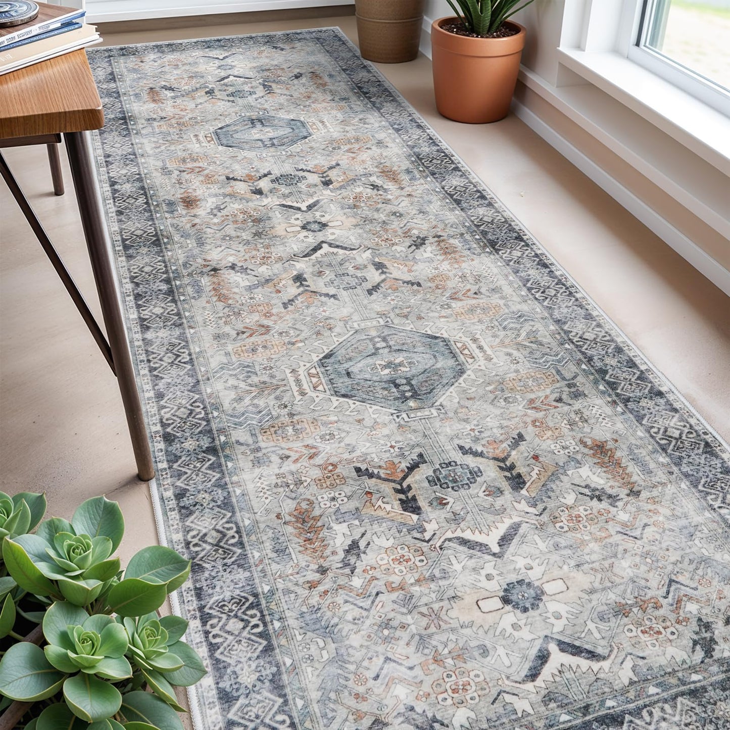Washable Kitchen 3x8 Runner Rug - 3x8 Hallway Rug Distressed Mats Non-Slip Soft Room Floor Carpet for Dining Room (Grey, 3x8)