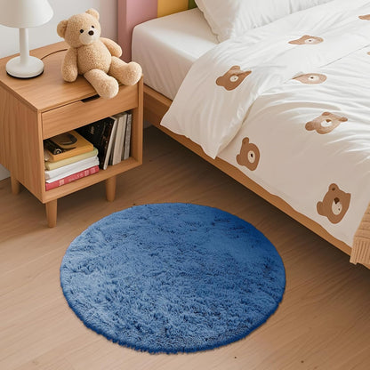 OLANLY Blue Round Area Rug - Soft, Fluffy, Machine Washable 2 ft Circle Carpet for Bedroom & Nursery Decor