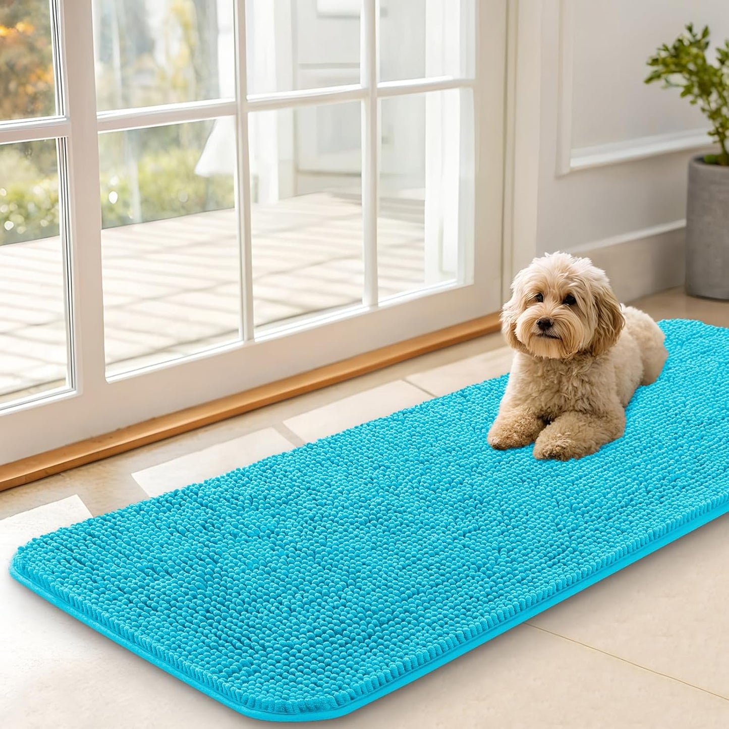 OLANLY Dog Door Mat - Absorbent Non-Slip Mud Mat for Indoor Use | Quick Dry Chenille, Aqua Blue 47x17