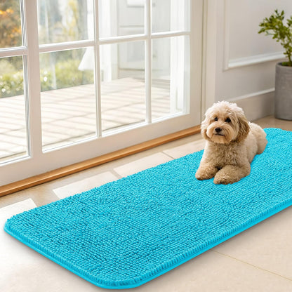 OLANLY Dog Door Mat - Absorbent Non-Slip Mud Mat for Indoor Use | Quick Dry Chenille, Aqua Blue 47x17