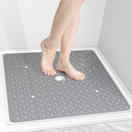 OTHWAY Square Shower Mat, 27"x 27" Extra Large Shower Mats for Inside Shower, TPE Anti Slip Shower Mat with Suction Cups Drain Holes, Machine Washable Shower Floor Mat (Grey)