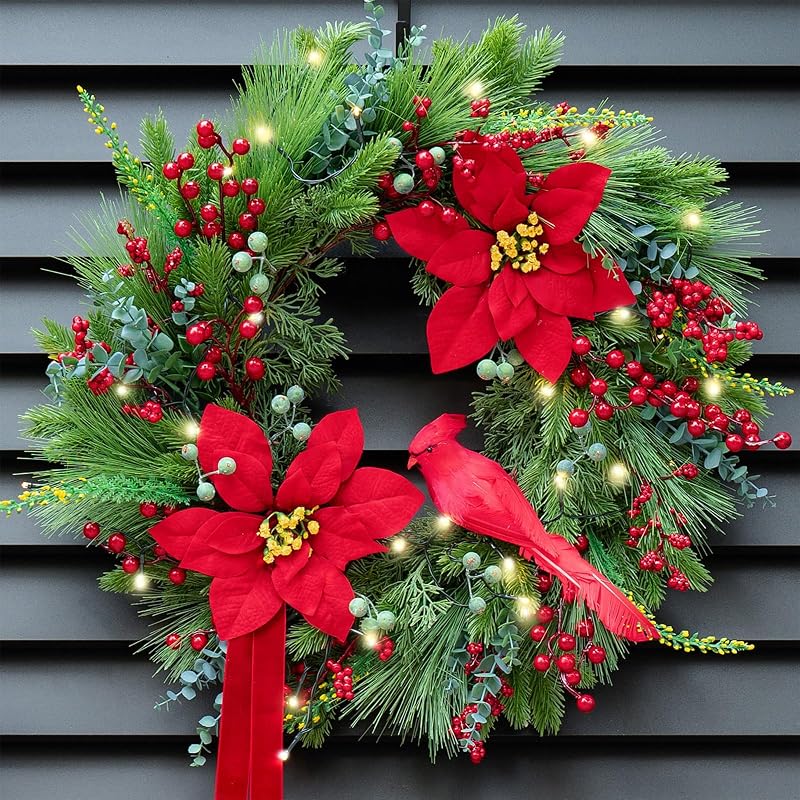 24-Inch Pre-Lit Christmas Door Wreath with Cardinal Birds & Poinsettia