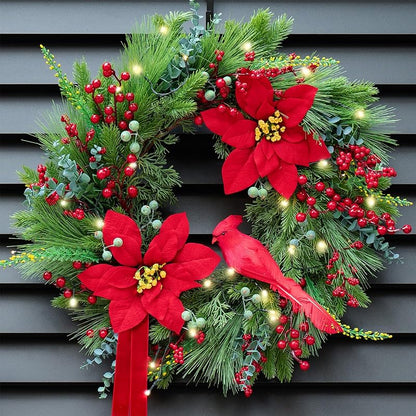 24-Inch Pre-Lit Christmas Door Wreath with Cardinal Birds & Poinsettia