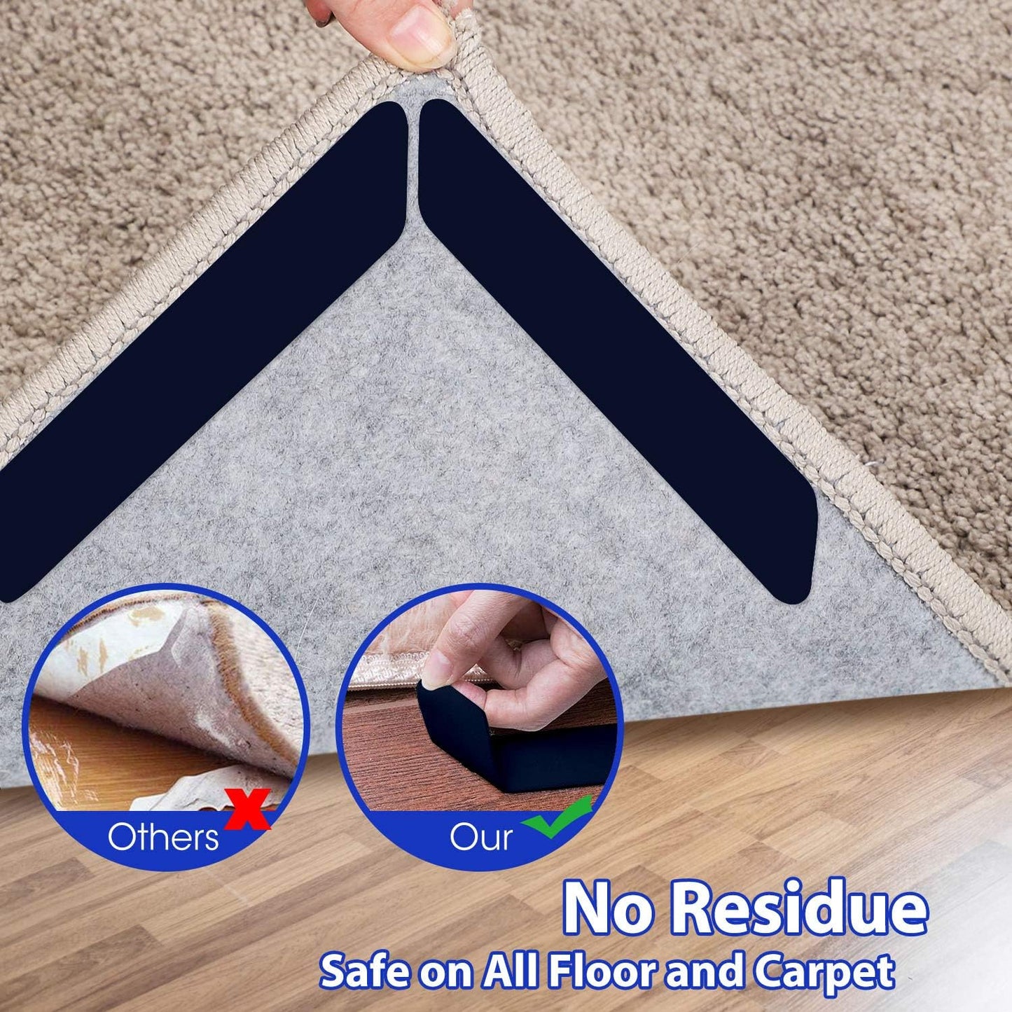 Skiennix Rug Tape - 16 Pcs Dual-Sided Washable Non-Slip Adhesive Holders for Hardwood & Tile Floors
