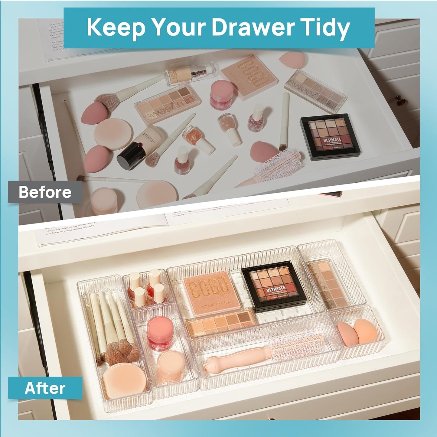Vtopmart 7-Piece Clear Drawer Organizer Set - Stackable Acrylic Trays for Makeup, Office Supplies & Kitchen Utensils