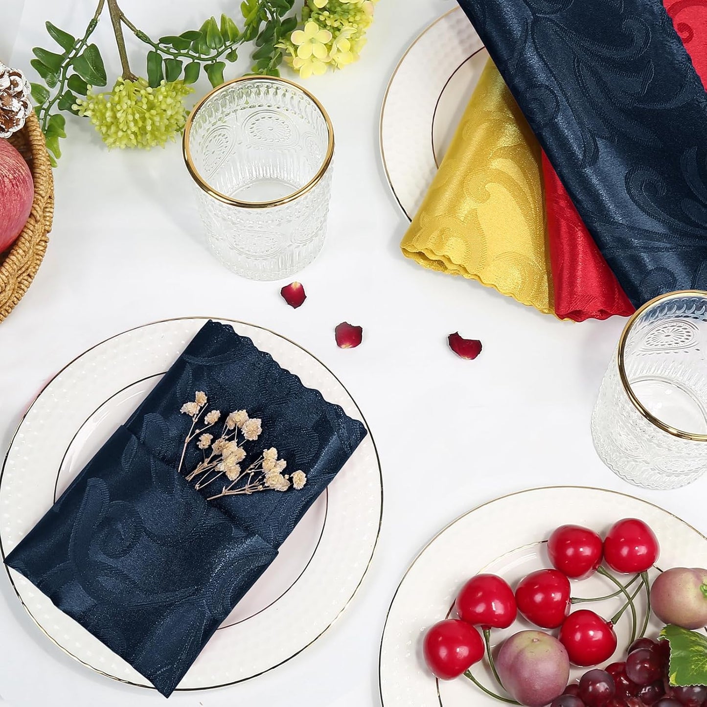 Aormenzy Navy Blue Satin Napkins - 50 Pack, 17 x 17 Inches, Elegant Floral Design