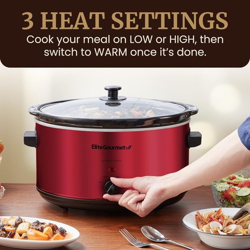 Elite Gourmet MST-900RXT Electric Ceramic Slow Cooker - 8.5Qt, Adjustable Temp, Dishwasher Safe, Metallic Red