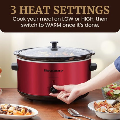 Elite Gourmet MST-900RXT Electric Ceramic Slow Cooker - 8.5Qt, Adjustable Temp, Dishwasher Safe, Metallic Red