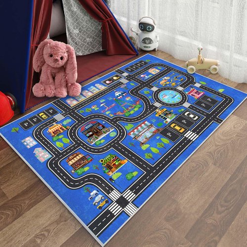 Fuzorise Kids Car Road Rug for Playroom, Washable Non-Slip Kids Rug for Girls & Boys Bedroom, Kids Carpet Educational City Traffic Route Playmat for Classroom