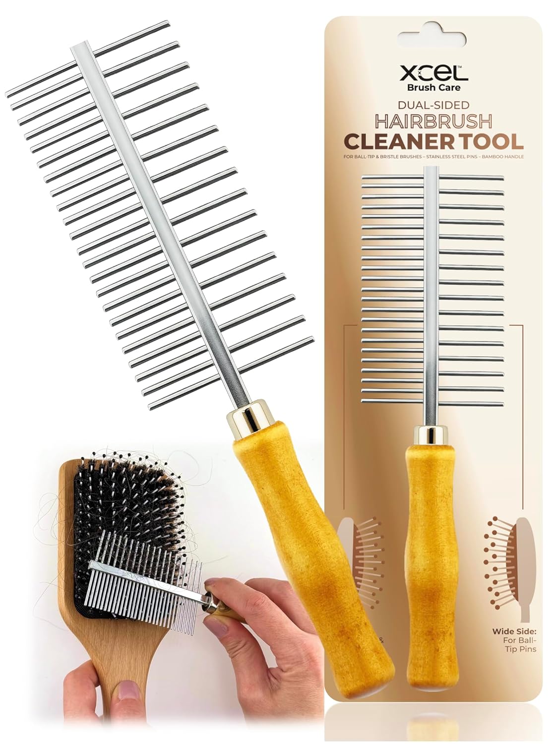 XCEL Hair Brush Cleaner Tool - Dual-Sided Remover Comb for Hair & Dust Buildup | Ideal for Paddle & Boar Bristle Brushes