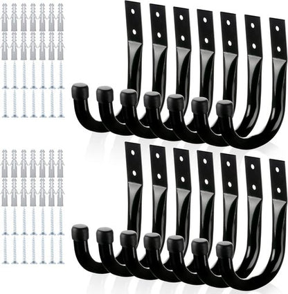 KURUI Large Metal Wall Hooks - 14-Piece Set for Organizing Tools, Coats & Bags | Black Indoor/Outdoor Storage