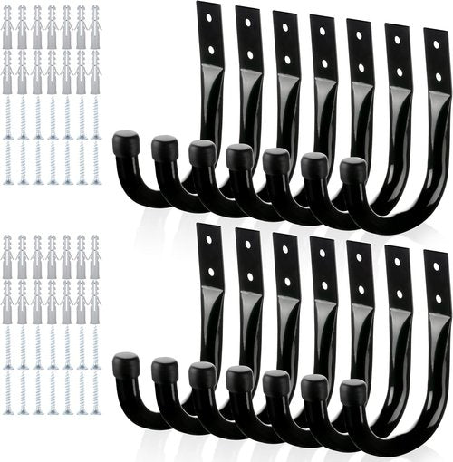 KURUI Large Metal Wall Hooks - 14-Piece Set for Organizing Tools, Coats & Bags | Black Indoor/Outdoor Storage