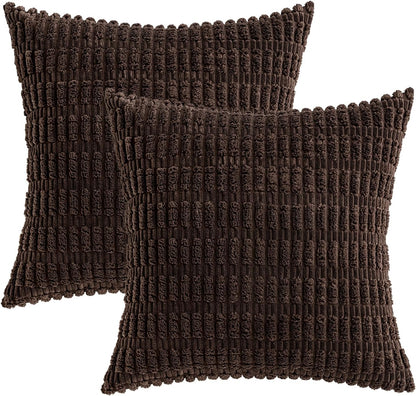 MIULEE Decorative Throw Pillow Covers - Soft Corduroy Boho Striped Design | 16x16 Inch, Dark Brown, Set of 2