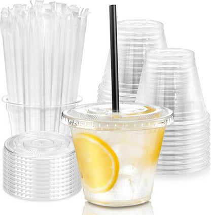 Fit Meal Prep 9 oz Plastic Iced Coffee Cups - 100 Pack with Flat Lids & Straws | BPA-Free for Smoothies & Cold Drinks